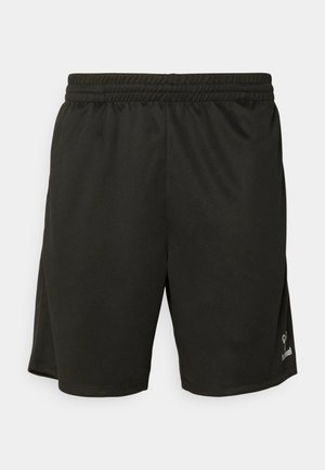 Black athletic shorts with an elastic waistband, smooth texture, knee-length cut, and a small logo accent on the lower right side.