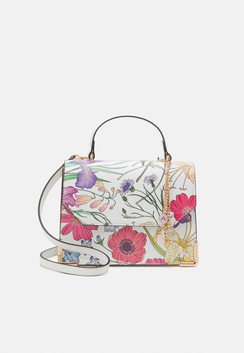 Bolso con estampado floral multicolor, diseño estructurado, fondo blanco, detalles dorados, asa corta y correa de hombro desmontable.
