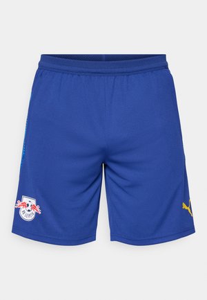 Blue athletic shorts made from breathable fabric, featuring a mesh waistband, yellow Puma logo on the side, and a team logo on the front.