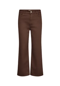 Brown flared jeans with a mid-rise waist, featuring five-pocket styling, a button closure, and a smooth, lightweight texture.