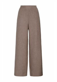 Breda byxor i en texturerad brun tyg med subtila ljusa ränder, med ett högt elastiskt midjeband och en lös passform.