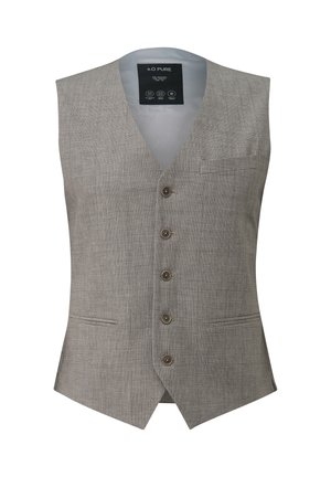 Jasnoszara, męska kamizelka na miarę z pięcioma guzikami, dwoma bocznymi kieszeniami oraz kieszenią na piersi, wykonana z teksturowanej tkaniny.
