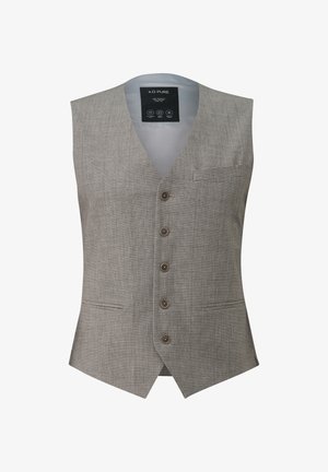 Jasnoszara, męska kamizelka na miarę z pięcioma guzikami, dwoma bocznymi kieszeniami oraz kieszenią na piersi, wykonana z teksturowanej tkaniny.