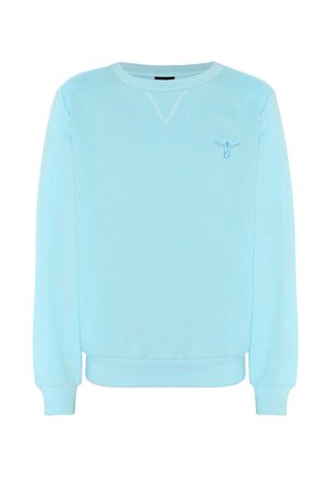 Hellblaues Sweatshirt mit Rundhalsausschnitt, mit gerippten Bündchen und Saum, mit kleiner gestickter Figur auf der linken Brust.