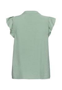 Blouse vert clair à manches courtes avec manches volantées et petit col, vue de dos sur fond blanc.