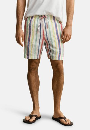 Mann trägt mehrfarbige, vertikal gestreifte Shorts mit Kordelzug, weißes T-Shirt und schwarze Flip-Flops vor einfachem Hintergrund.