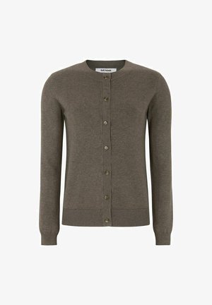 Hallikaardigan hallikaspruuni kudumiga. Omab ümmargust kaelust, pikki varrukaid ning viit esist nuppu koos ribakujulise ääre ja mansettidega.