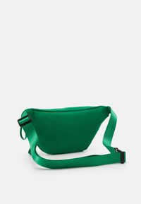 Borsa a tracolla verde in tessuto con forma triangolare, caratterizzata da una texture liscia, una tracolla regolabile e un design semplice senza hardware visibile.
