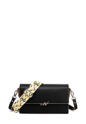 Black faux leather bag with a metallic logo, featuring a patterned yellow and black strap, rectangular shape, and gold trim detail.