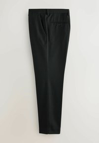 Pantalon noir pour homme, sur mesure, avec poches latérales, poche arrière boutonnée et passants de ceinture, présenté plié à plat sur un fond clair.