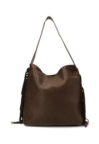 Bolso de hombro de cuero marrón con una forma holgada y detalles de flecos en los laterales, que cuenta con una sola correa larga y una superficie texturada.
