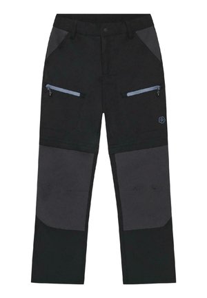Black and dark gray outdoor pants with zippered thigh pockets and reinforced knee patches, front view.