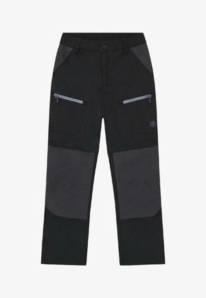 Mustad ja tumedad hallid välispüksid tõmblukuga reietaskute ja tugevdatud põlvepatjadega, esitükk.