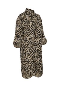 Robe chemise à manches longues avec des rayures zébrées beige et noires et des poignets retroussés.