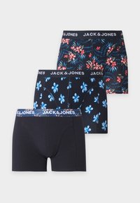 Τρία μποξεράκια Jack & Jones με floral σχέδια, δύο με μπλε και κόκκινα λουλούδια σε σκούρο φόντο, ένα μονόχρωμο μαύρο με floral ζώνη μέσης.