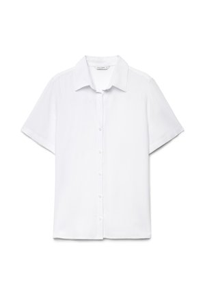 Camicia bianca a maniche corte con colletto classico, bottoni frontali e orlo dritto, mostrata su uno sfondo bianco.