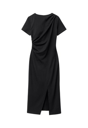 Black dress with short sleeves, draped front detail, knee-length cut, and a side slit; made of smooth, stretch fabric.