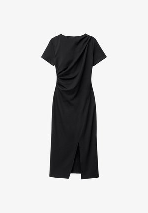 Schwarzes Kleid mit kurzen Ärmeln, Drapée-Frontdetail, knielanger Schnitt und seitlichem Schlitz; aus glattem, elastischem Stoff.