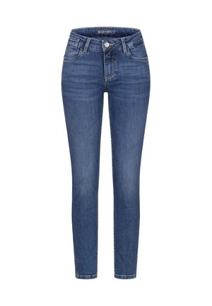 Blaue Slim-Fit-Damenjeans mit Knopf- und Reißverschluss, Gürtelschlaufen sowie Taschen vorne und hinten, hergestellt von Blue Fire Co.