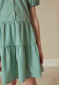 Dieťa oblečené v zeleno-bielej kockovanej šatke s nadýchanými rukávmi a zapínaním na gombíky vpredu stojí v interiéri na drevenej podlahe.