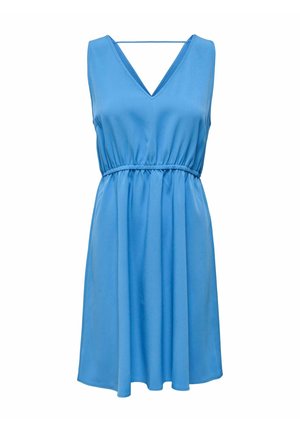 Robe sans manches bleue en tissu léger, avec un décolleté en V, une taille élastique et une jupe fluide. Design simple et minimaliste.