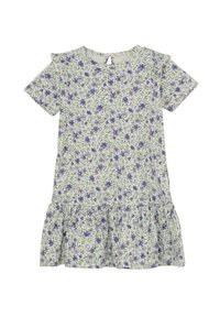 Blommig klänning i lätta material, med grön bakgrund och lila blommor, korta ärmar, volangkant och knappstängning baktill.