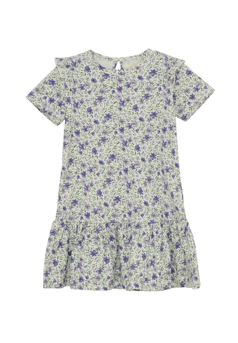 Blommig klänning i lätta material, med grön bakgrund och lila blommor, korta ärmar, volangkant och knappstängning baktill.