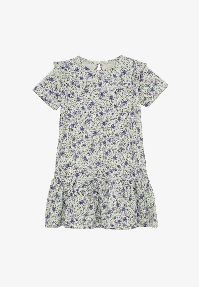 Blumenkleid aus leichtem Stoff, mit grünem Hintergrund und lila Blumen, kurzen Ärmeln, Rüschensaum und Knopfverschluss auf der Rückseite.