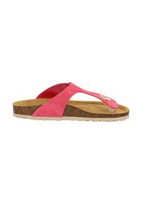 Lyserøde ruskinds sandaler med en korksål, der har en tåstrop og en justerbar rem, suppleret af en rund dekorativ knapdetalje.