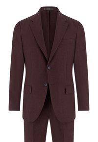 Veste de costume homme bordeaux foncé à deux boutons, avec revers crantés, poches à rabat et poche poitrine passepoilée.