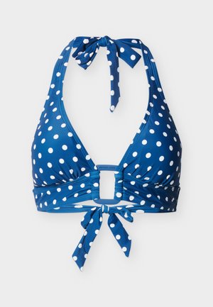 Blauw halterbikinitopje met witte polkadots, vooraan een uitsnijding en strikbandjes aan de hals en rug.