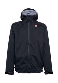 Black waterproof jacket with a high collar, adjustable hood, zip closure, and Velcro cuffs. Features a small logo on the chest and side pockets.