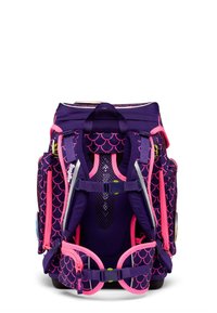 Purple children's backpack with pink accents and scale-pattern design. Features padded straps, mesh back, and side compartments.