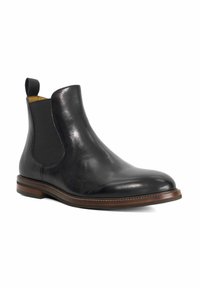 Black leather Chelsea boot with elastic side panels, rounded toe, and a contrasting brown sole with stitching detail. Smooth texture.
