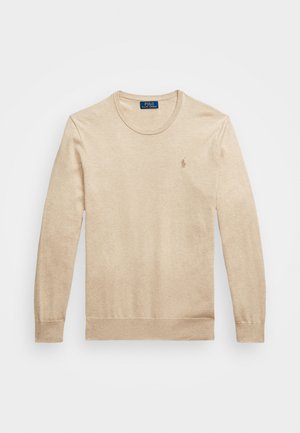 Beige puuvillane kootud särk ümmarguse kaelusega, pikkade varrukatega ja soonikute otstega. Rinnaosal on väike logo sobivas toonis.