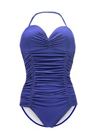 Maillot de bain une pièce violet avec un décolleté cœur, texture plissée et bretelles halter réglables. Présente une coupe classique en bas.
