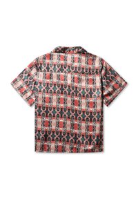 Camicia a maniche corte con un motivo geometrico ripetuto in rosso, nero e grigio. Realizzata in tessuto leggero con un design con colletto.