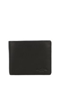 Czarny skórzany portfel o gładkiej fakturze, prostokątnym kształcie i subtelnym przeszyciu. Posiada wytłoczone logo w prawym dolnym rogu.