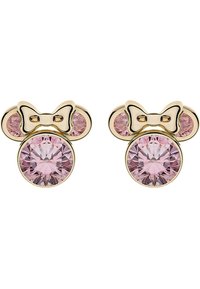 Guldtonade örhängen med rosa cirkulära kristaller och en båtdetalj, med släta ytor och en polerad finish.