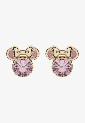 Gold-tone earrings featuring pink circular crystals and a bow detail, with smooth surfaces and a polished finish.