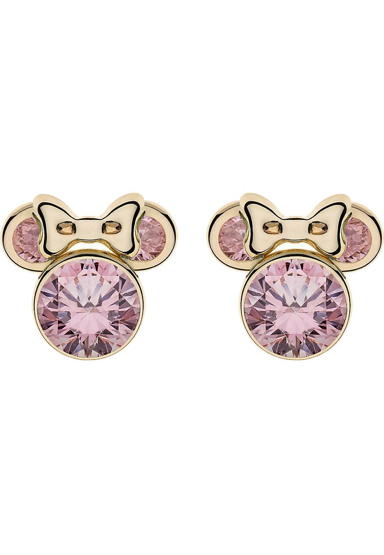 Guldtonade örhängen med rosa cirkulära kristaller och en båtdetalj, med släta ytor och en polerad finish.