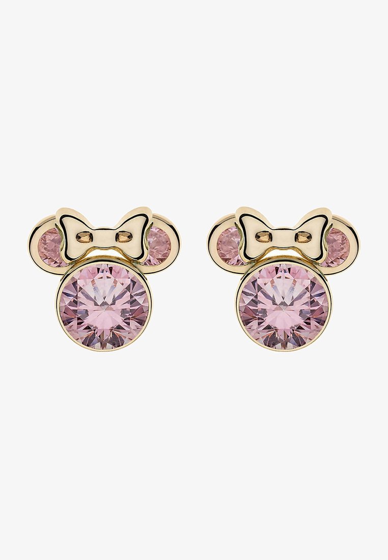 Guldtonade örhängen med rosa cirkulära kristaller och en båtdetalj, med släta ytor och en polerad finish.