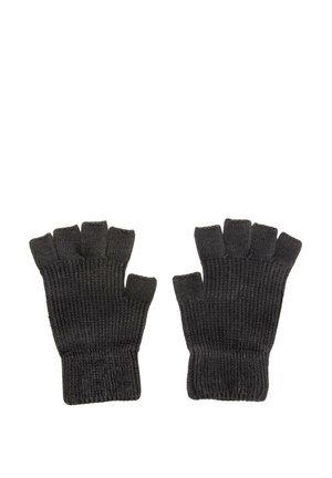 Fingerlose Handschuhe aus dunkelgrauem grob gestricktem Material. Mit freiliegenden Fingerspitzen und einem engen Bündchen. Hergestellt aus weichem, langlebigem Stoff für hohen Tragekomfort.