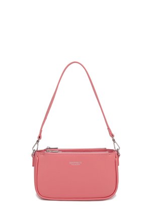 Piccola borsa rosa con scomparti doppi con cerniera e una tracolla singola, con il marchio "DIANA&CO COLLECTION" in testo argento.