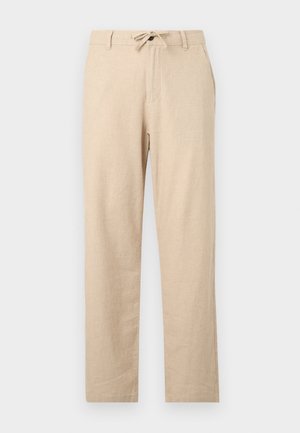 Svjetlosmeđi laneni hlače s remenom na vezanje, ravnog kroja, prednjim džepovima i glatkom teksturom. Minimalistički dizajn bez uzoraka.
