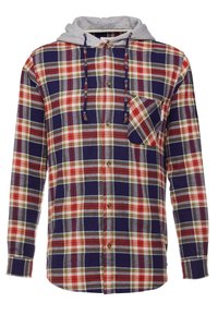 Karo flanelová košile se šedou kapucí, zdobená modrými, červenými, zelenými a bílými vzory. Má náprsní kapsu a dřevěné knoflíky.