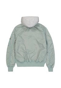 Lysegrøn bomberjakke med grå hætte, der har en glat, skinnende struktur, ribstrikkede ærmekanter og kant samt sidesømme.