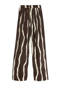 Pantalons larges taille haute avec des rayures verticales ondulées blanches et marron foncé, bouton frontal, fermeture éclair et poches latérales.
