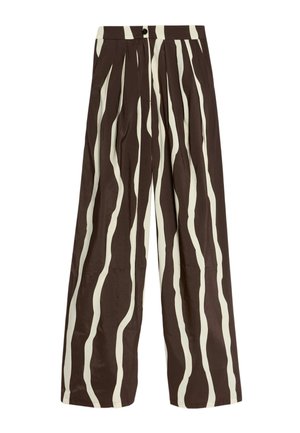 Pantaloni a vita alta con gamba larga, caratterizzati da strisce verticali ondulate bianche e marroni scure, con bottone frontale, zip e tasche laterali.