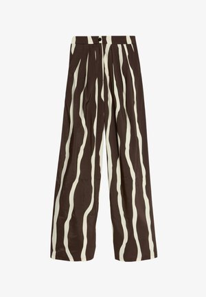 Pantaloni a vita alta con gamba larga, caratterizzati da strisce verticali ondulate bianche e marroni scure, con bottone frontale, zip e tasche laterali.
